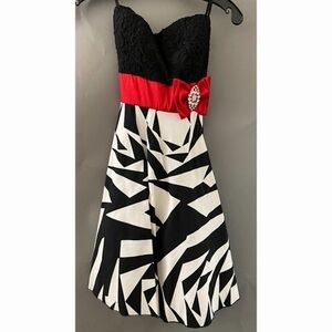 BLACK & White Dress with Red Ribbon